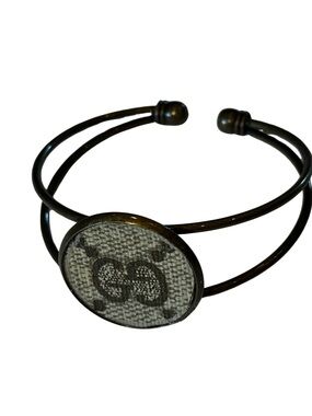 Upcycled Designer Monogram Canvas Antique Brass Tone Cuff Bracelet